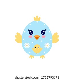 Pinto de Páscoa com bolinhas brancas, margaridas e um pequeno filhote amarelo. Personagem de pássaro de Kawaii para desenhos de férias de primavera.