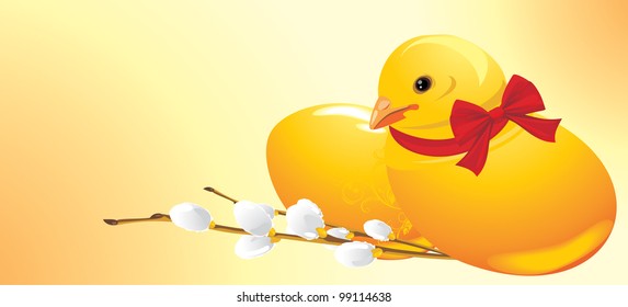 Easter chick and willow branch. Festive banner. Vector