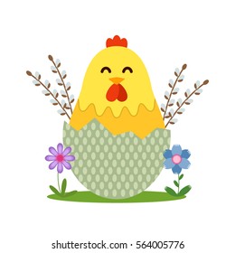 Easter chick with willow and flowers. flat vector illustration isolated on white background