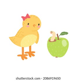 Pollo de Pascua con manzana. Pequeña caricatura de pájaro pollo. Ilustración plana festiva vectorial en un fondo blanco.