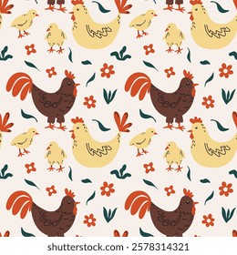Easter chicken bird seamless vector pattern. Cute groovy funky cartoon illustration of cute little chicken, hen and flowers on light background