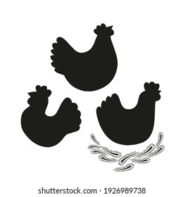 Easter chicken black silhouette collection. Hen in nest clipart set isolated on white background. Farm bird shape design elements.