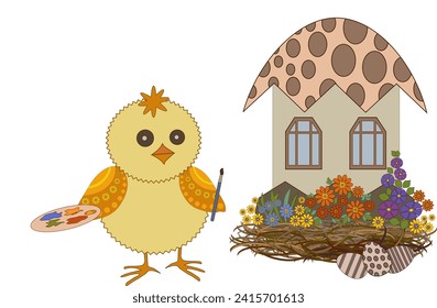 Easter chicken with a bruch and palette is painting its house , made of egg. The house is sittuated in a nest ful with bright colour flowers