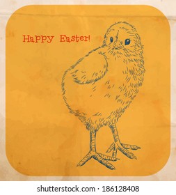 Easter chicken. Easter card with hand -drawn chicken on grunge background with white retro frame and old paper texture.