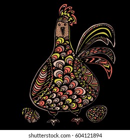 Easter chicken colorful illustration card drawn by hand, zentangle style, Decorative design for invitation, flyer, banner.