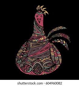Easter chicken colorful illustration card drawn by hand, zentangle style, Decorative design for invitation, flyer, banner.