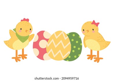 Easter chicken with easter colour egg. Cute little cartoon chicken bird character. Stock vector festive flat illustration on a white background.
