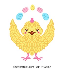 Pollo de Pascua lindo dibujo vectorial con huevos. Icono, logotipo, plantilla, ilustración para la celebración de Pascua. 