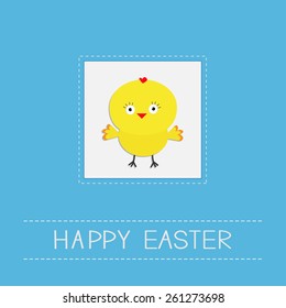 Easter chicken Dash line frame Blue background. Card. Flat design Vector illustration
