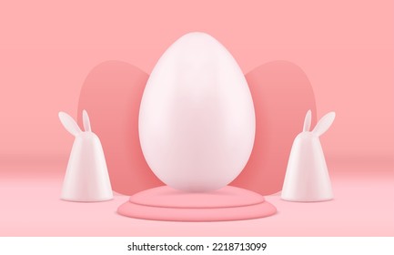 Easter chicken egg 3d pedestal with rabbit minimalist modern design realistic vector illustration. Religious holiday podium stage celebration gift decor geometric festive stage pink studio background