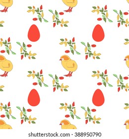 Easter. Chicken, egg, branch. Background, wallpaper, texture. Seamless. Sketch.