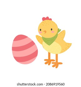 Easter chicken with egg. Cute little cartoon chicken bird character. Stock vector festive flat illustration on a white background.