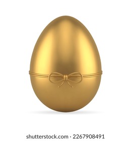 Easter chicken egg golden premium festive present tied with bow ribbon 3d icon realistic vector illustration. Metallic religious holiday gift glossy decorative element minimalist elegant design