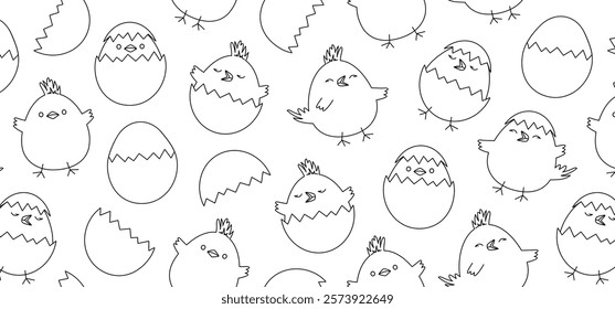 Easter chicken and egg seamless pattern, cartoon children bird background line art, cute small chick hatch, spring little character print outline design. Animal vector illustration