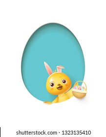 Easter chicken in egg shaped blue hole with a basket filled with decorated eggs - isolated on white