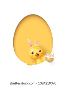 Easter chicken in egg shaped yellow hole with a basket filled with decorated eggs - isolated on white