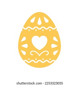 Easter chicken egg yellow romantic ornament with heart and decor element minimalist icon vector flat illustration. Painted hen eggshell with curved floral cute ornate Christianity holiday celebration