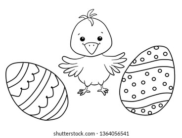Easter chicken and eggs. Black and white vector illustration for coloring book. Vector drawings set isolated on white background.