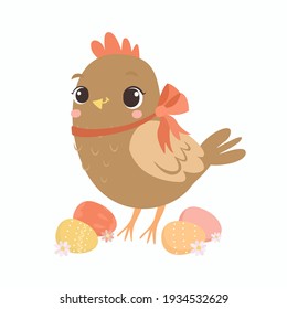 Easter chicken with eggs, cute farm animal. Easter eggs. Cute Cartoon Print