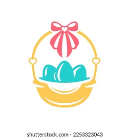 Easter chicken eggs in minimalist basket traditional religious holiday present icon vector flat illustration. Christianity spring festive congratulations gift painted eggshell with elegant bow ribbon