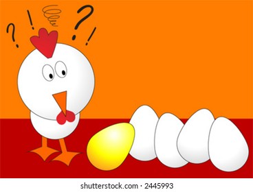 Easter chicken with eggs over orange background