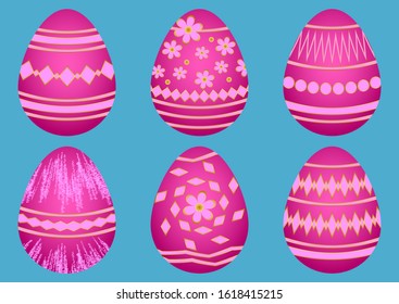 Easter chicken eggs with a pink and gold pattern on a blue background .Vector graphic.