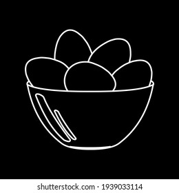 Easter. Chicken eggs in a plate are drawn with a white outline on a black background. Cute illustrations for holiday cards, kitchen textiles. Thin line customizable illustration. Vector graphics.