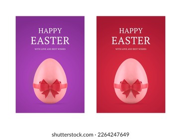 Huevos de pollo de Pascua con cinta de arco sorpresa presentar tarjeta de felicitación 3d plantilla de diseño de vectores realista ilustración vectorial. Festividad religiosa roja morada cristiana regalo de regalo de regalo
