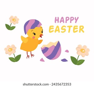 Easter chicken with eggs vector cartoon card illustration