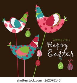 Easter chicken with easter eggs. Vector illustration