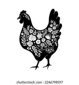 Easter Chicken Floral Silhouette. Farm bird with flowers. Cute Easter Hen clip art. Vector Linocut Silhouette isolated on white background. Spring icon for banner, greeting card, social media.