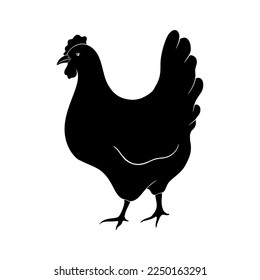Easter Chicken Floral Silhouette. Farm bird with flowers. Cute Easter Hen clip art. Vector Linocut Silhouette isolated on white background. Spring icon for banner, greeting card, social media.