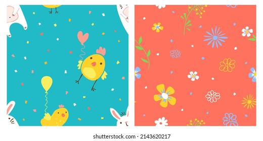 Easter chicken flower seamless pattern