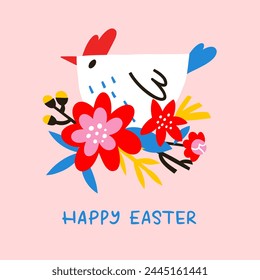 Easter chicken and flowers greeting card with lettering. Cute hand drawn holiday chick with floral composition. Happy Easter typography for sweet trendy holiday poster.