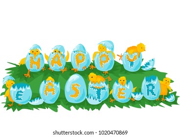 Easter chicken happy easter colorful lettering on eggs. Egs and chicken on the grass