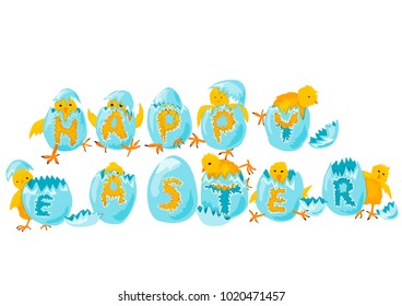 Easter chicken happy easter colorful lettering on eggs. Eggs and chicken the 