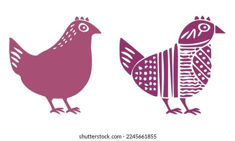 Juego de ilusiones de pollo de Pascua. Doodle de animales vectores de baja frente. 