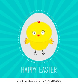 Easter chicken  inside egg.  Sunburst . Card. Vector illustration.