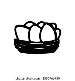 Easter Chicken Nest with eggs in hand drawn style. Vector outline doodle illustration isolated on white background. Desing print for coloring book, t shirt, cup, postcard, kinds clothes. Sign element.