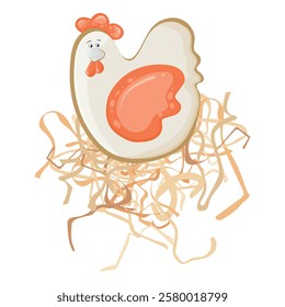 Easter chicken on decorative hay for decoration. Hen on dry grass for nest. Happy Easter holiday. Vector set for decoration, gifts, greetings and illustrations.