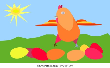 Easter chicken protects its colorful eggs in nature