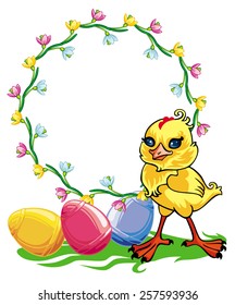 Easter chicken and round frame with flowers