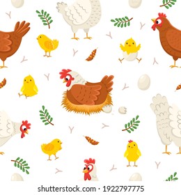 Easter chicken seamless pattern. Funny laying hens with baby chicks and eggs, birds on nests, egg shell, plants twigs and feathers. Decor textile, wrapping paper wallpaper vector print or fabric