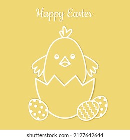 Easter chicken in a shell on a yellow background.
Easter greeting and postcard. Paper cut style. Vector illustration.