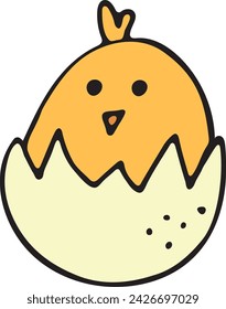 Easter chicken sitting in eggshell, vector doodle illustration