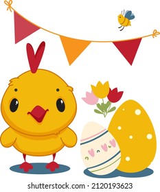 Osterhähnchen. Frühlingsthema. Tulpen und eine Garage mit Flaggen.  Cute Cartoon Stil. Postkarte. Poster. Dekorationselement