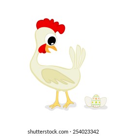 Easter Chicken and three eggs isolated on white background, illustration.