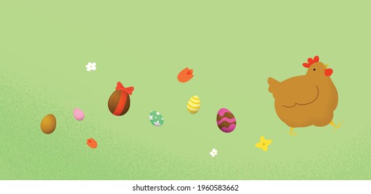 Easter chicken vector flat illustration with colorful eggs. A brown chicken walking and laying chocolate eggs on its passage.