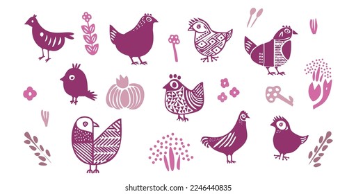 Easter chicken vector illustration collection. Set of cartoon cute chicks in color of the year. 