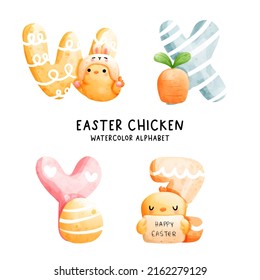 Easter chicken, watercolor alphabet. Vector illustration